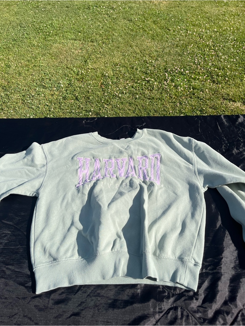 Harvard embroidered Sage Green Crewneck Sweatshirt with Lavender Harvard Logo